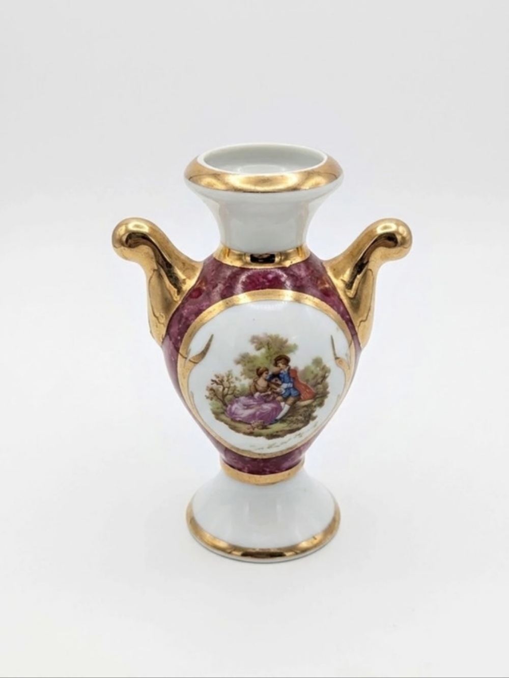 Vintage Limoges France Miniature Urn Vase Burgundy Gold Courting Couple Senon 4"